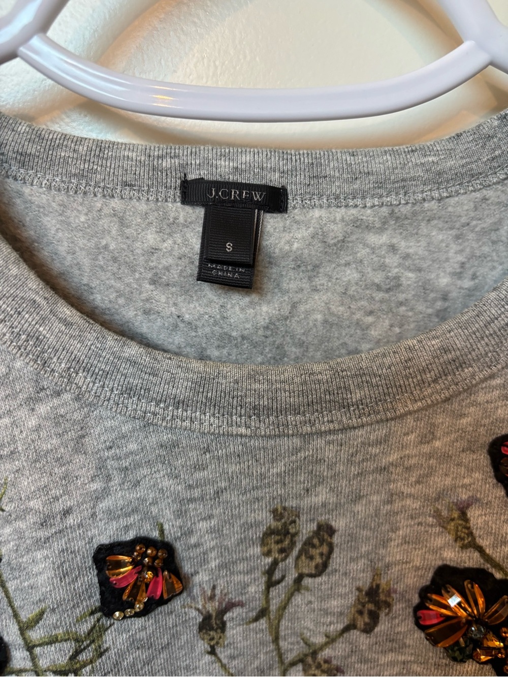 J Crew Gray Floral Print Sweater Gem Embellishing Long Sleeve Size Small - Picture 3 of 3